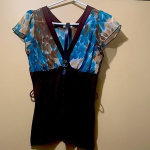 Blouse teal, brown, tan, white color with belt.